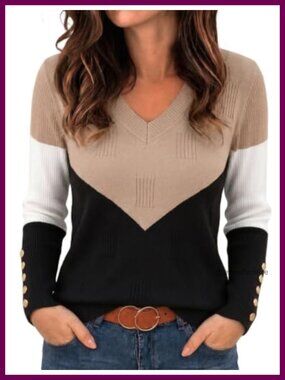 Color Block V Neck Long Sleeve Ribbed Knit Sweater